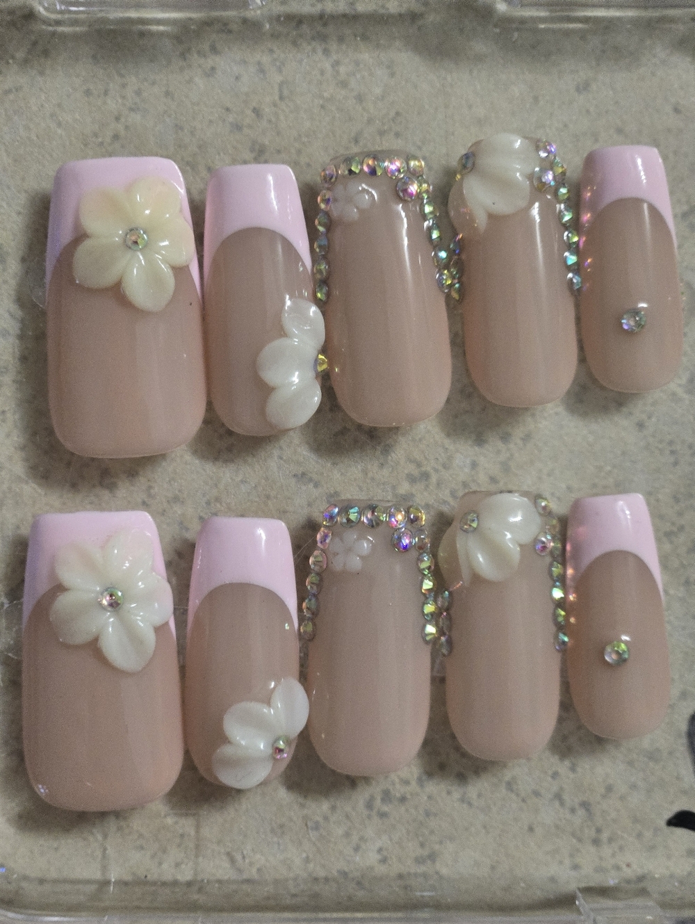 Pink Floral Rhinestone Press-On Nail Set, Medium Length Square Shape